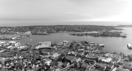 Aerial view of waterfront town in Massachusetts